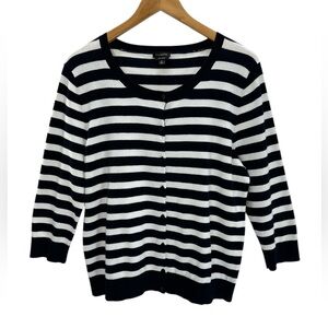 Talbots Nautical Navy White Stripe Cardigan Pima Cotton 3/4 Sleeve Classic Med